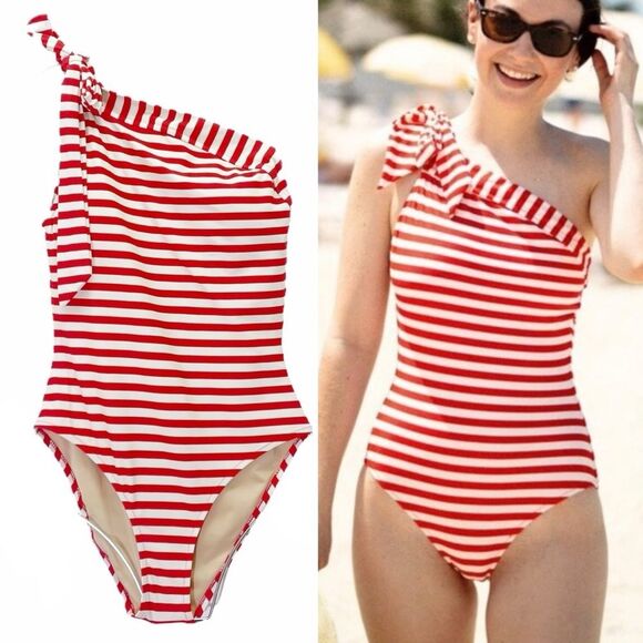 J. Crew Red White Stripe One Shoulder Swimsuit Size 6 Bow Tie One Piece Nautical - Picture 1 of 16